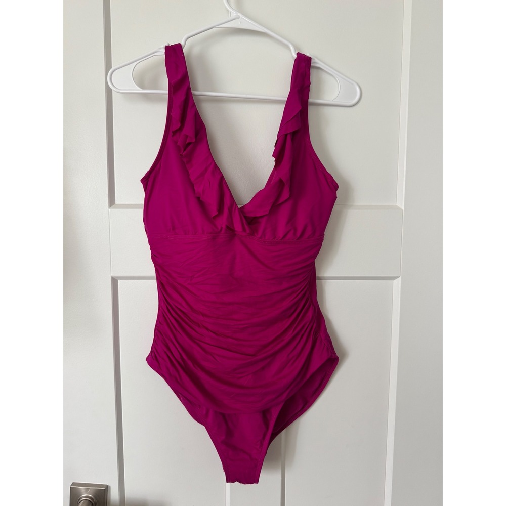 Lauren Ralph Lauren Women's Magenta slimming Ruched Ruffle V-Neck One Piece Swim